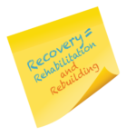Recovery Equals Rehabilitation written on a yellow post it note.