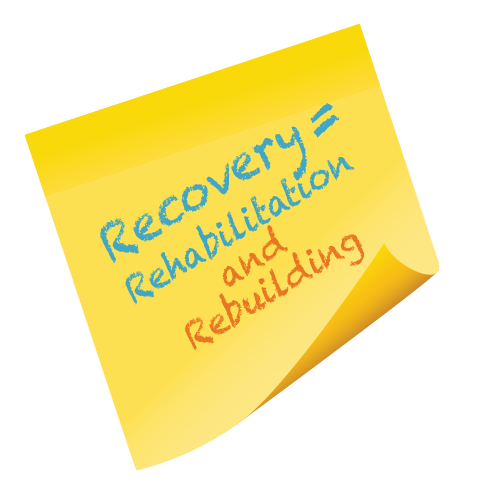 Recovery Equals Rehabilitation written on a yellow post it note.
