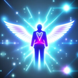 A digital illustration of a silhouetted person with white wings and a pink heart over the torso. 