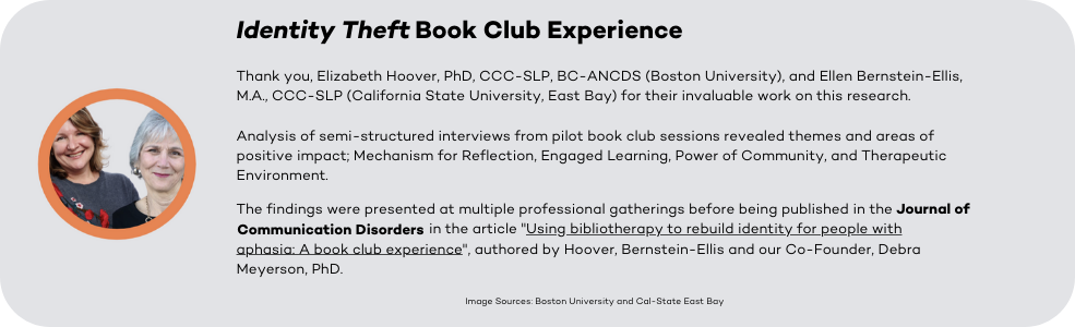 Thank you, Elizabeth Hoover, PhD, CCC-SLP, BC-ANCDS (Boston University), and Ellen Bernstein-Ellis, M.A., CCC-SLP (California State University, East Bay) for their invaluable work on this research. Analysis of semi-structured interviews from pilot book club sessions revealed themes and areas of positive impact; Mechanism for Reflection, Engaged Learning, Power of Community, and Therapeutic Environment. The findings were presented at multiple professional gatherings before being published in the Journal of Communication Disorders in the article "Using bibliotherapy to rebuild identity for people with aphasia: A book club experience", authored by Hoover, Bernstein-Ellis and our Co-Founder, Debra Meyerson, PhD.