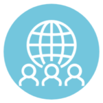Light blue icon depicting the globe and three people looking at it.